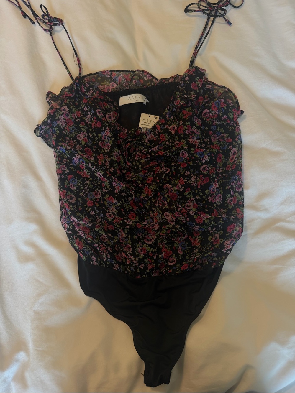 ASTR Black Floral Tie-Shoulder Bodysuit with Pink & Purple Blooms